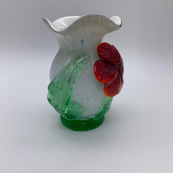 CELEBRATIONS Vtg. Handcrafted Seed Glass Speckled Vase 6” With 3-D Poppy Flower - Picture 3 of 12